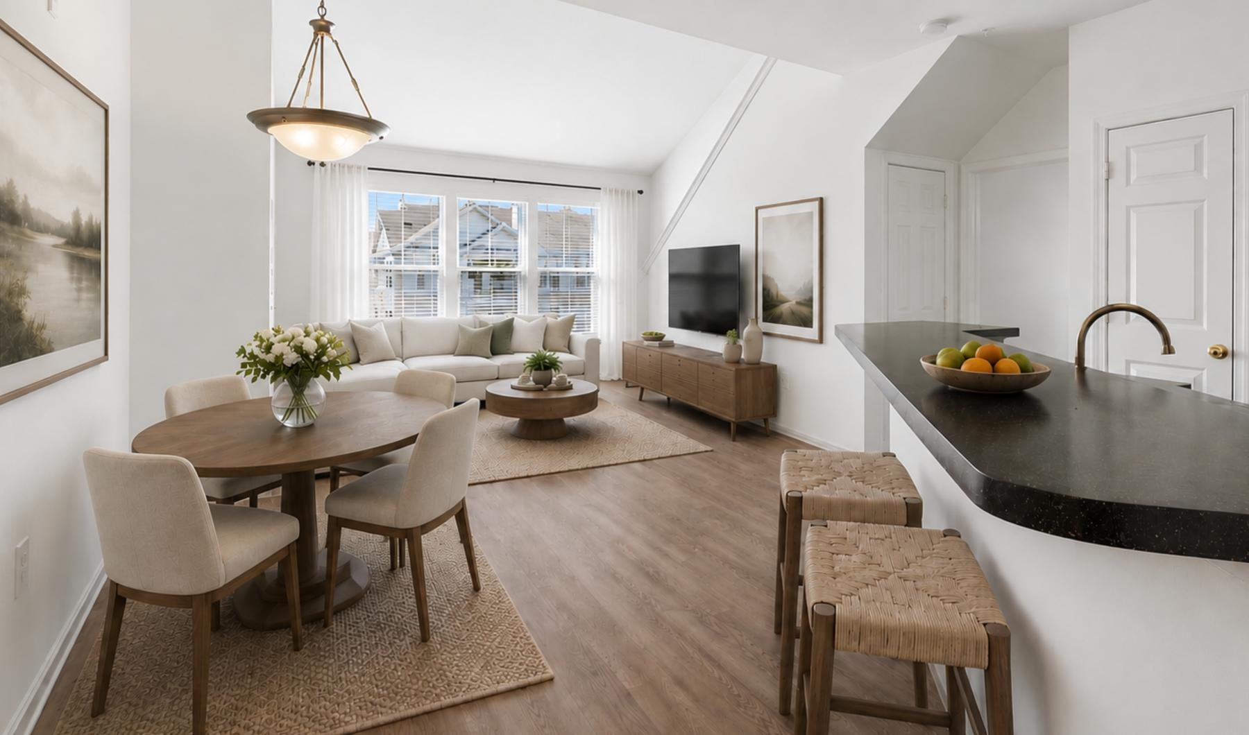 a living room with a tv, couch, tables and chairs