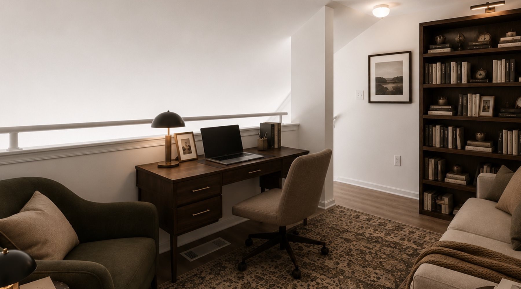an office with a desk, chairs and a couch