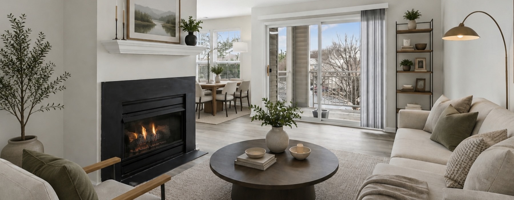 a living room with a fireplace, couch and a coffee table